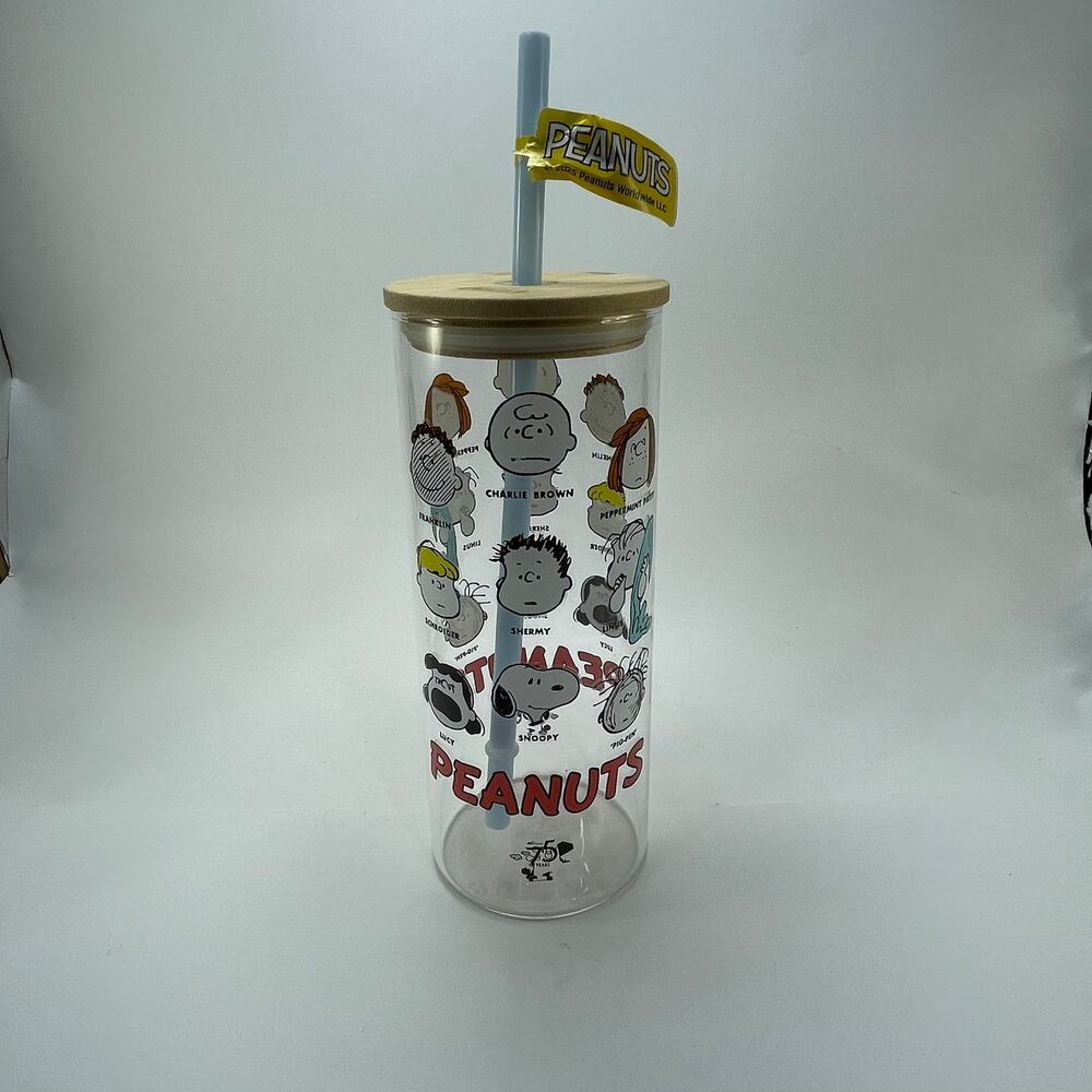 Peanuts Snoopy Charlie Brown Gang Glass Tumbler Bamboo Lid Straw NWT
